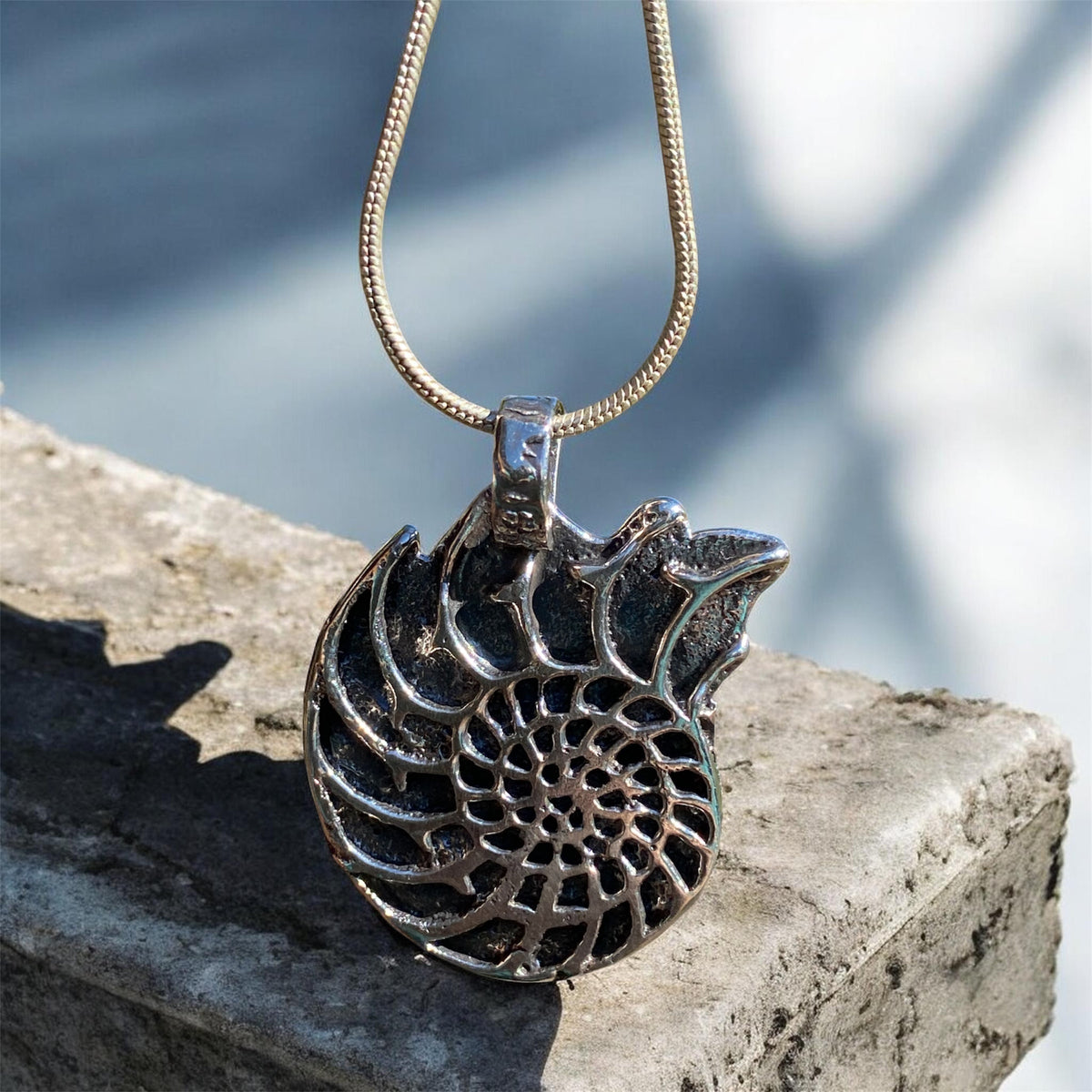 Sandcast Sterling Silver Ammonite Pendant with 45cm Chain