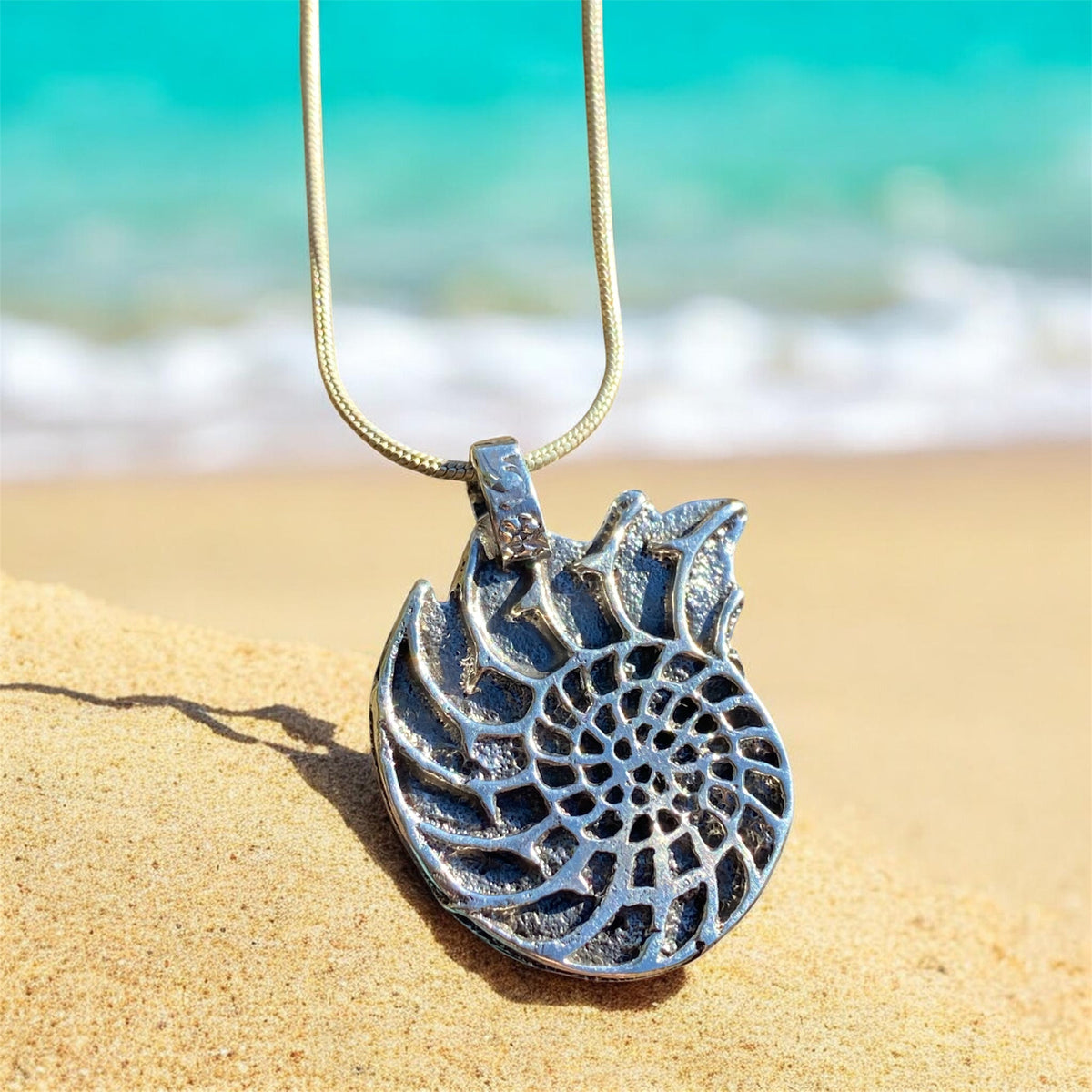 Sandcast Sterling Silver Ammonite Pendant with 45cm Chain