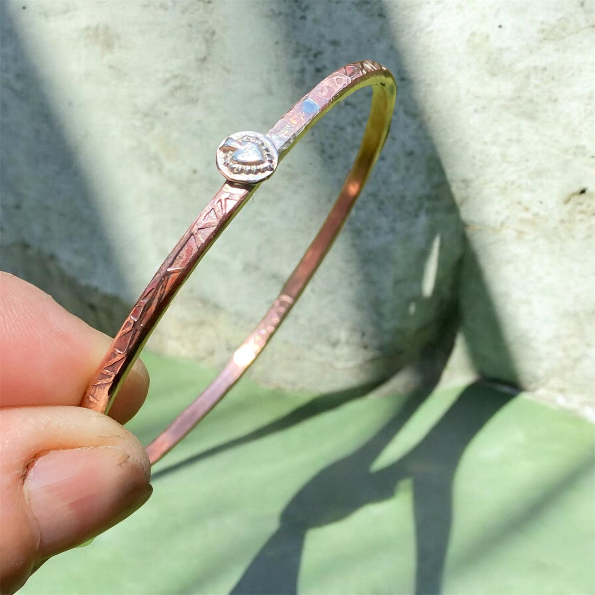 Handmade Hammered Copper Bangle with Sterling Silver Heart