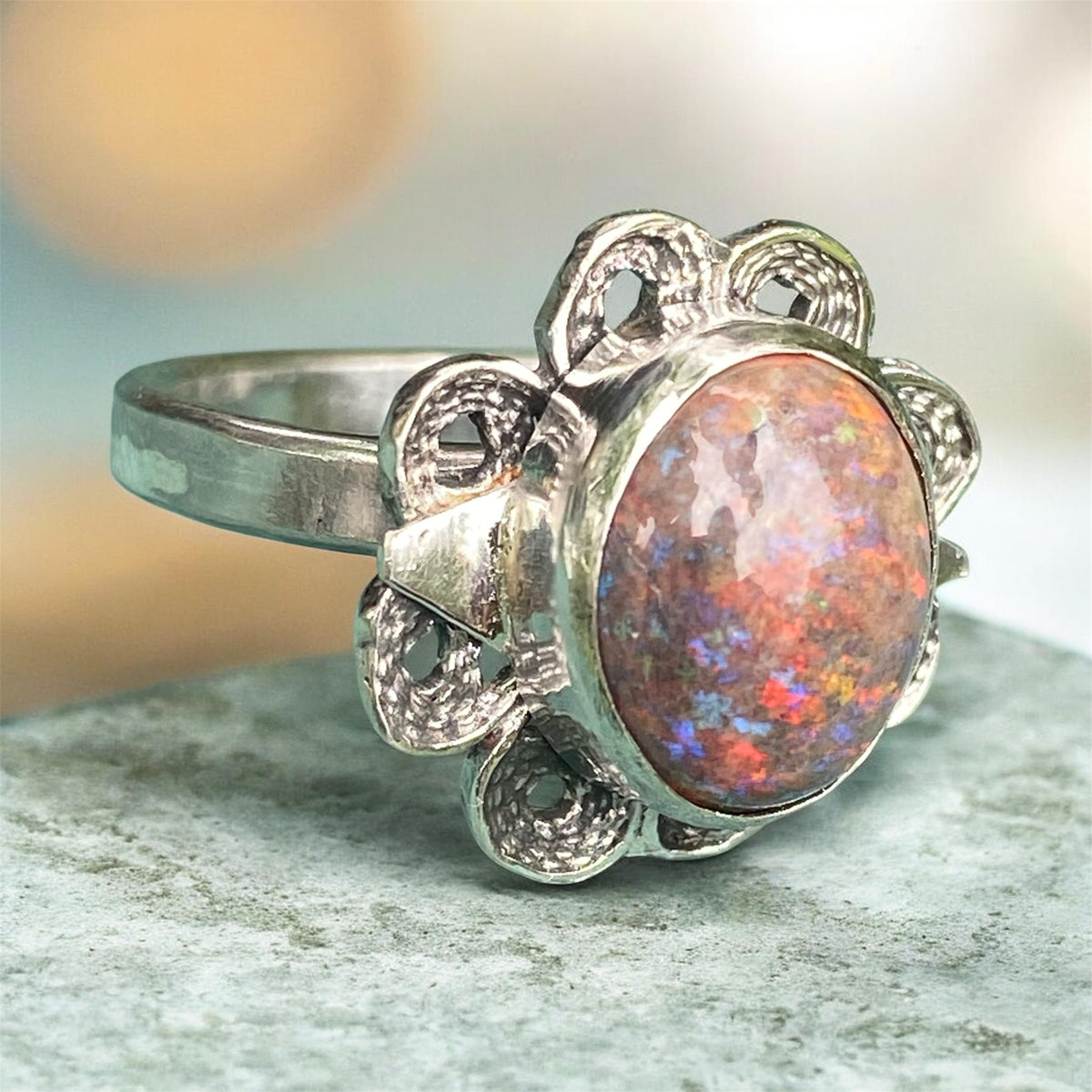 Andamooka Opal Ring with Antique Sterling Silver Filigree