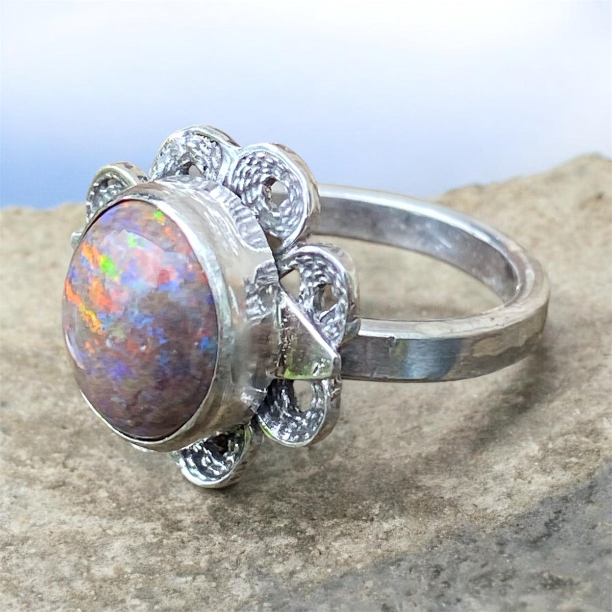 Andamooka Opal Ring with Antique Sterling Silver Filigree