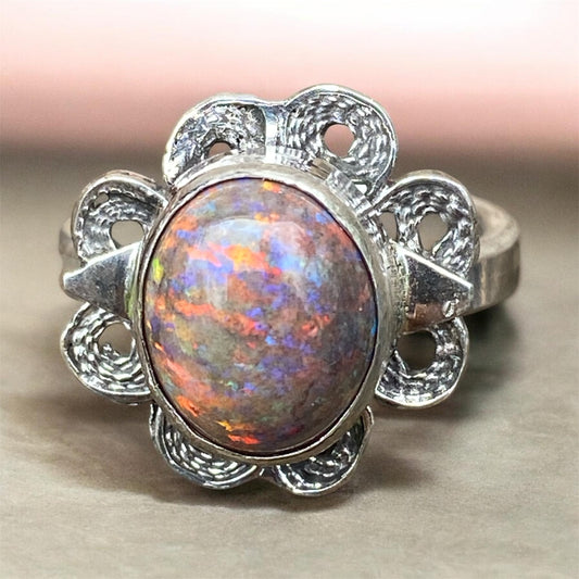 Andamooka Opal Ring with Antique Sterling Silver Filigree