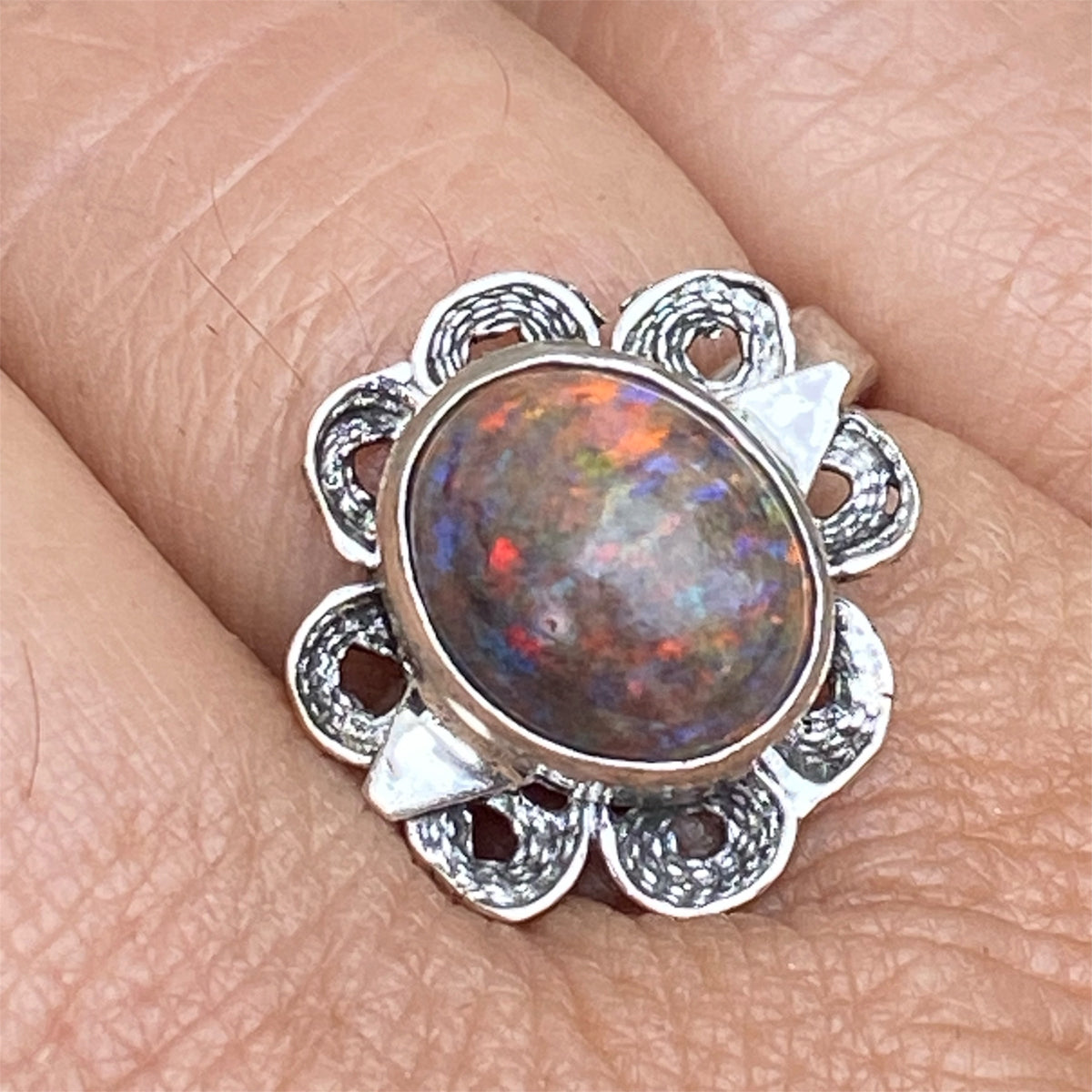 Andamooka Opal Ring with Antique Sterling Silver Filigree