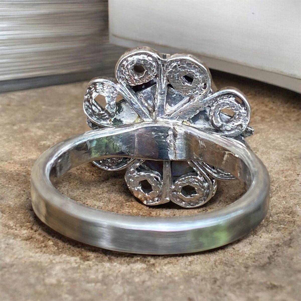 Andamooka Opal Ring with Antique Sterling Silver Filigree