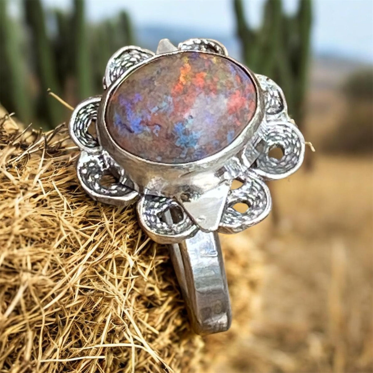 Andamooka Opal Ring with Antique Sterling Silver Filigree