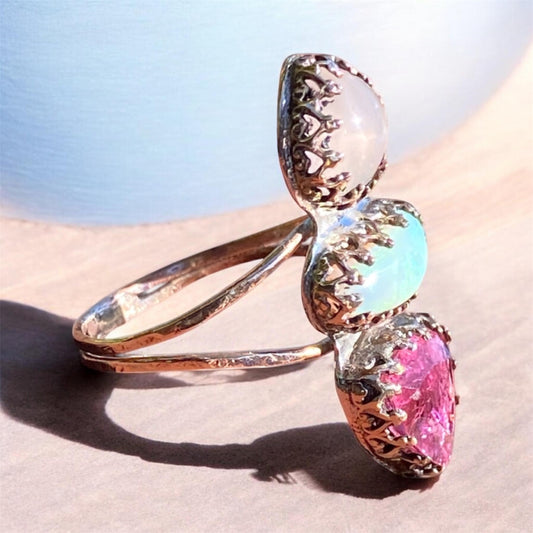 Pink Tourmaline, Australian Opal and Rose Quartz Gold Filled Ring