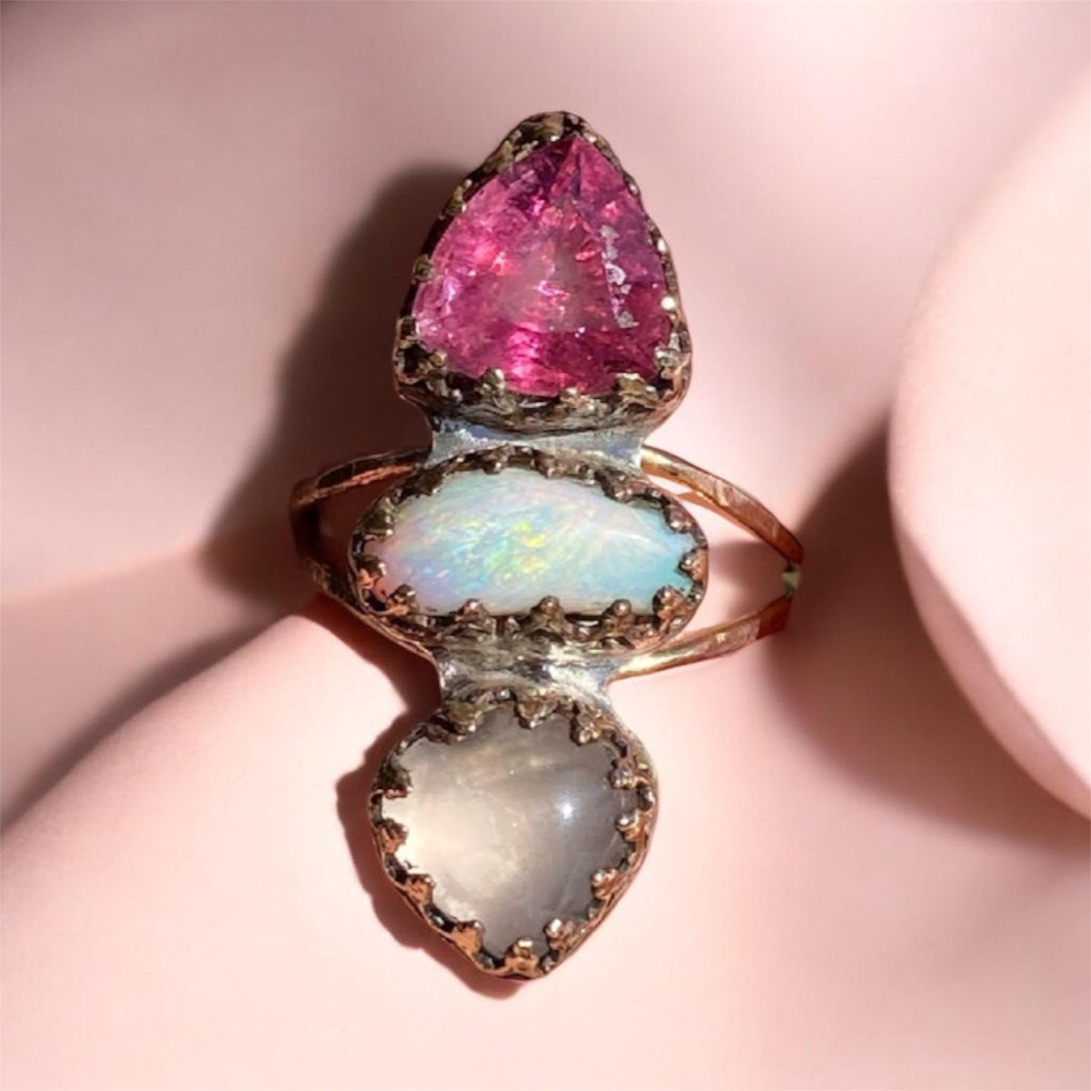 Pink Tourmaline, Australian Opal and Rose Quartz Gold Filled Ring