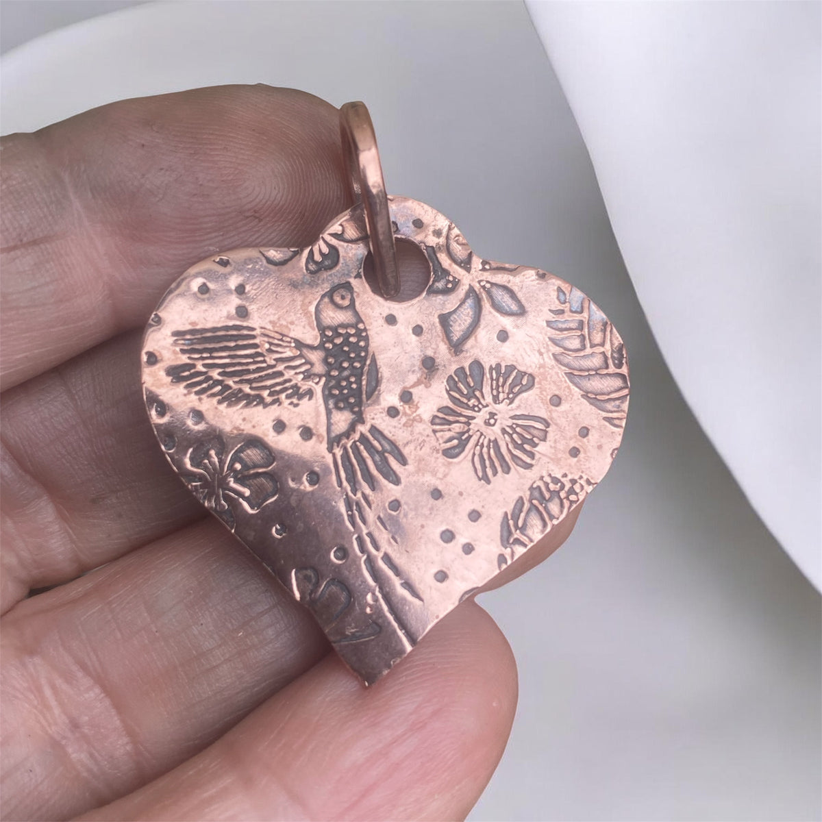 Handcrafted Copper Hummingbird Heart Pendant