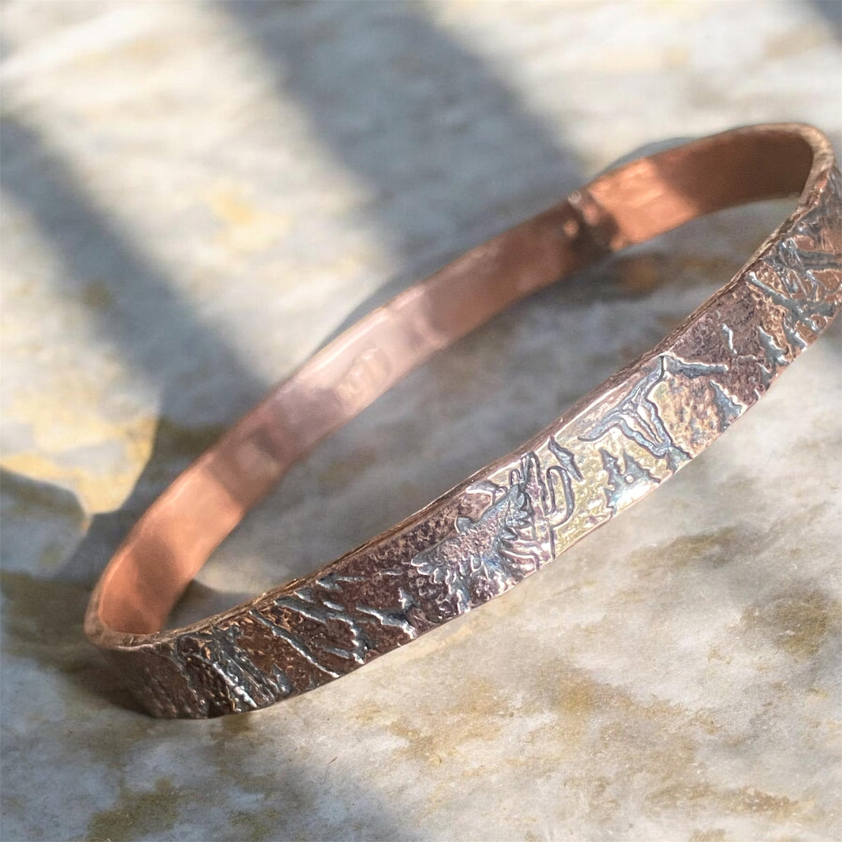 Handcrafted Copper Bangle with Mountain Texture and Western Designs