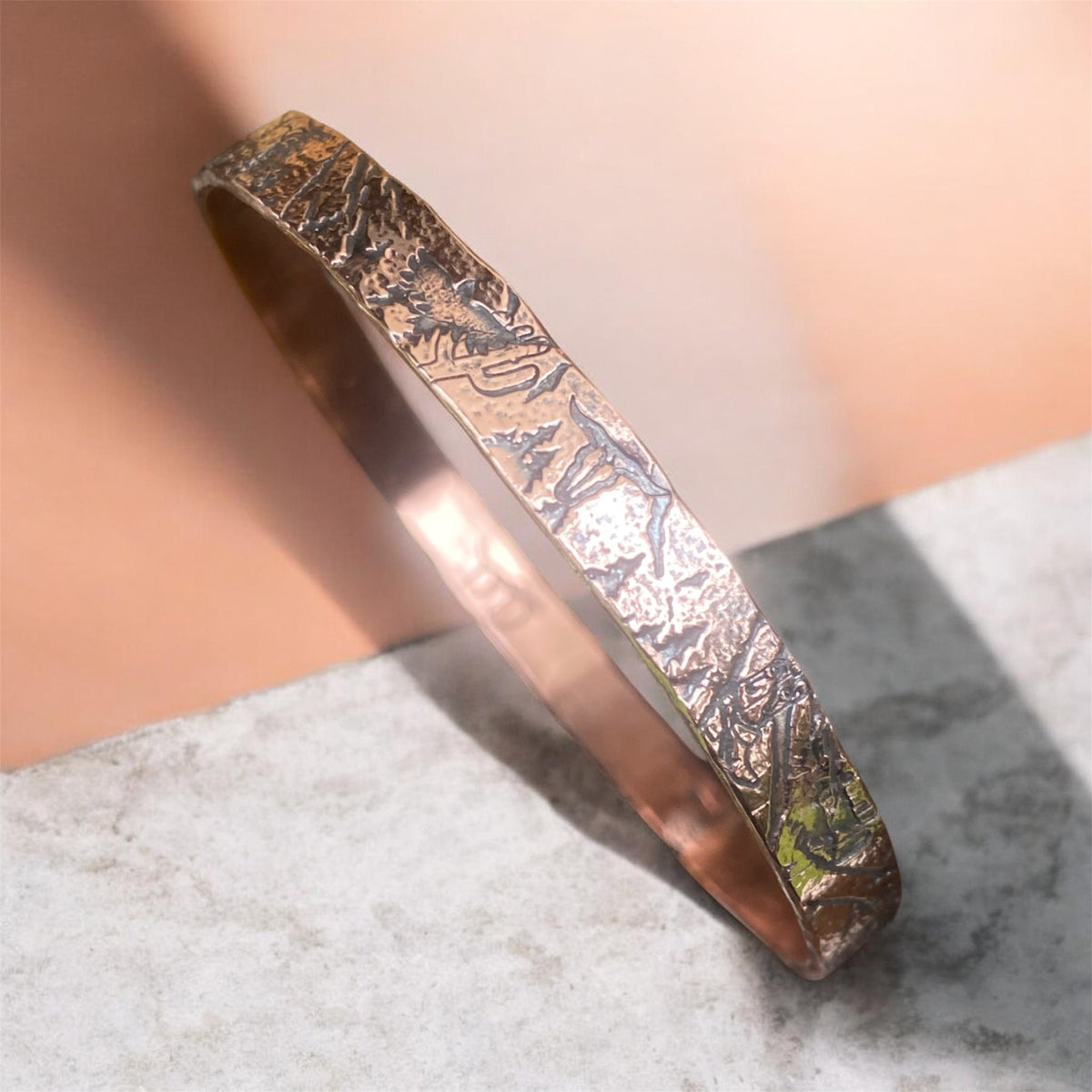 Handcrafted Copper Bangle with Mountain Texture and Western Designs