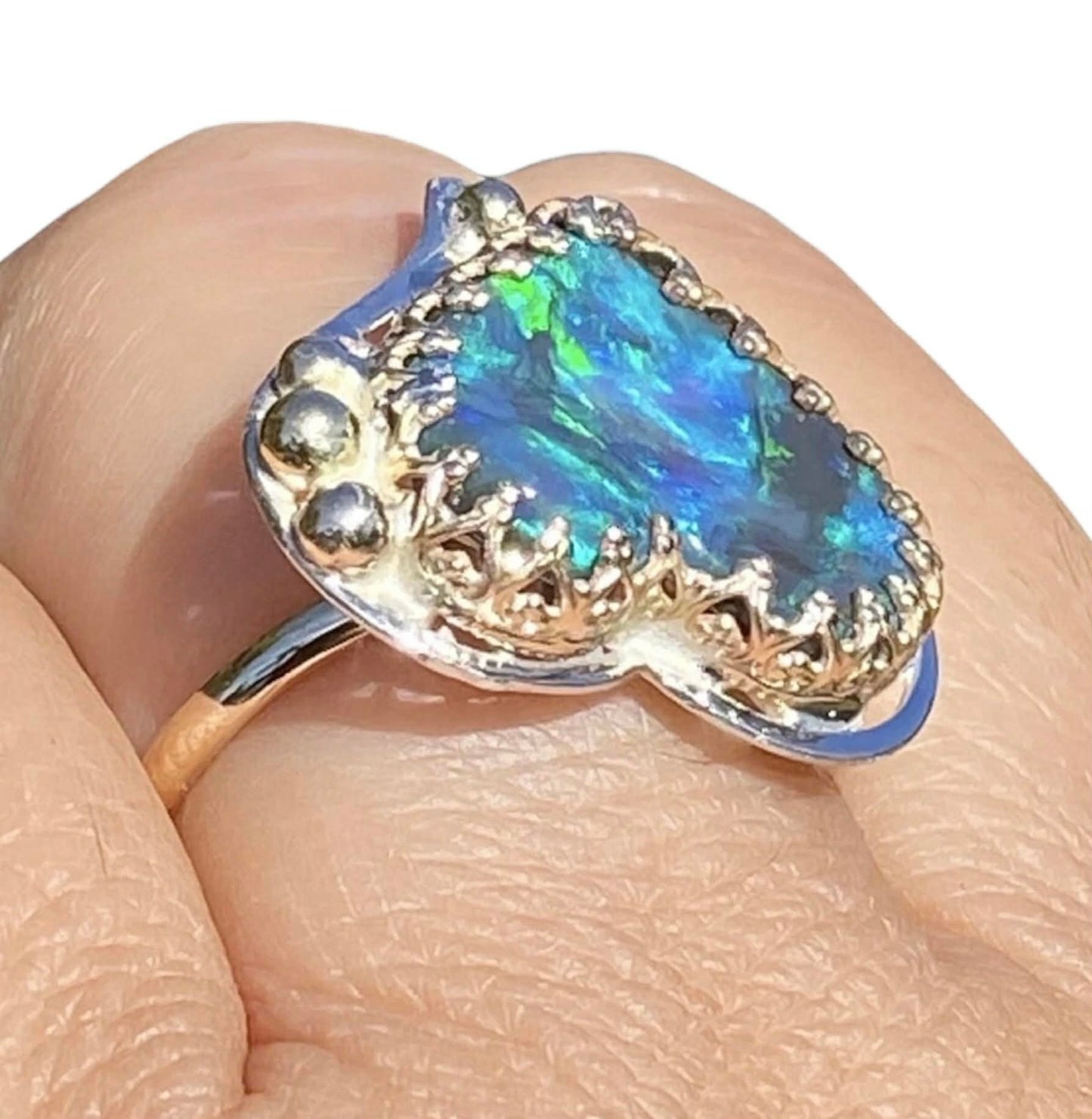 Lightning Ridge Black Opal Heart Ring 3.55ct Solid Opal 9K Gold Handmade