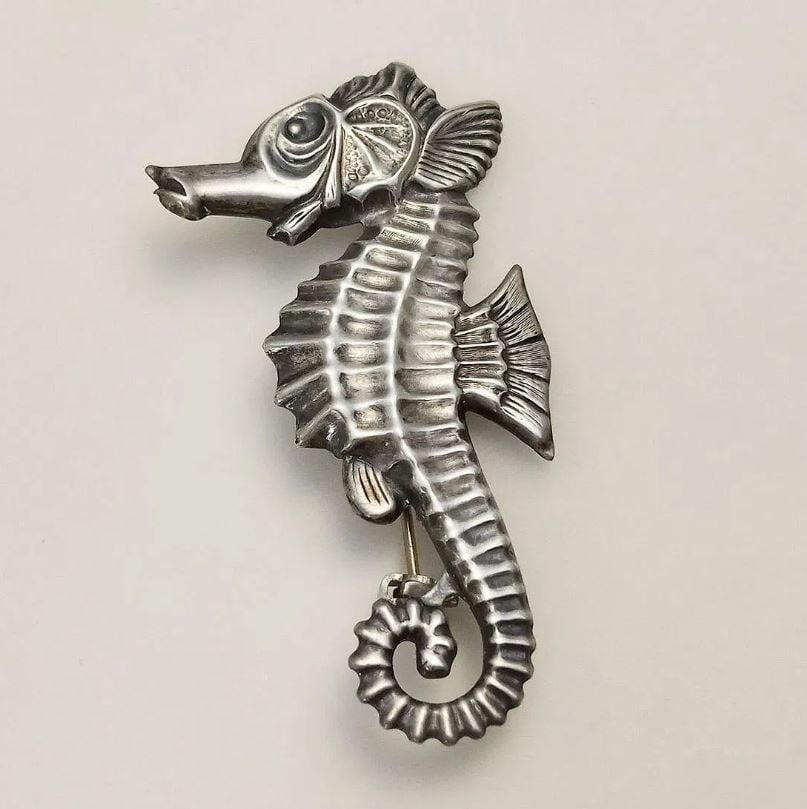 Vintage Sterling Silver Seahorse Brooch Mid Century Nautical Ocean Jewellery