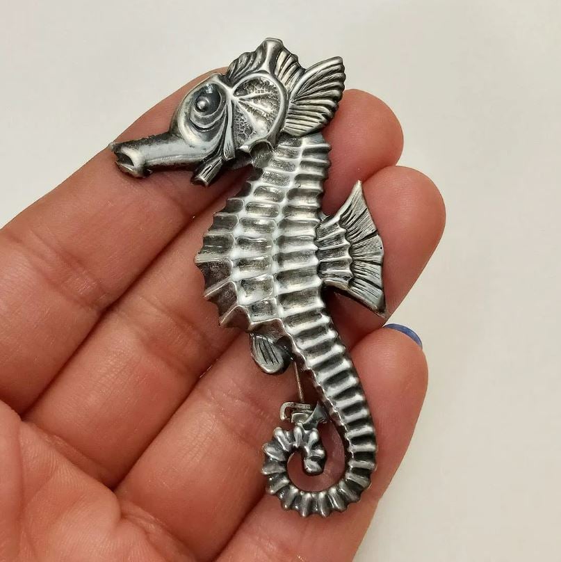 Vintage Sterling Silver Seahorse Brooch Mid Century Nautical Ocean Jewellery