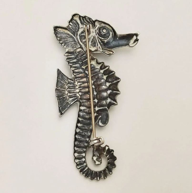 Vintage Sterling Silver Seahorse Brooch Mid Century Nautical Ocean Jewellery