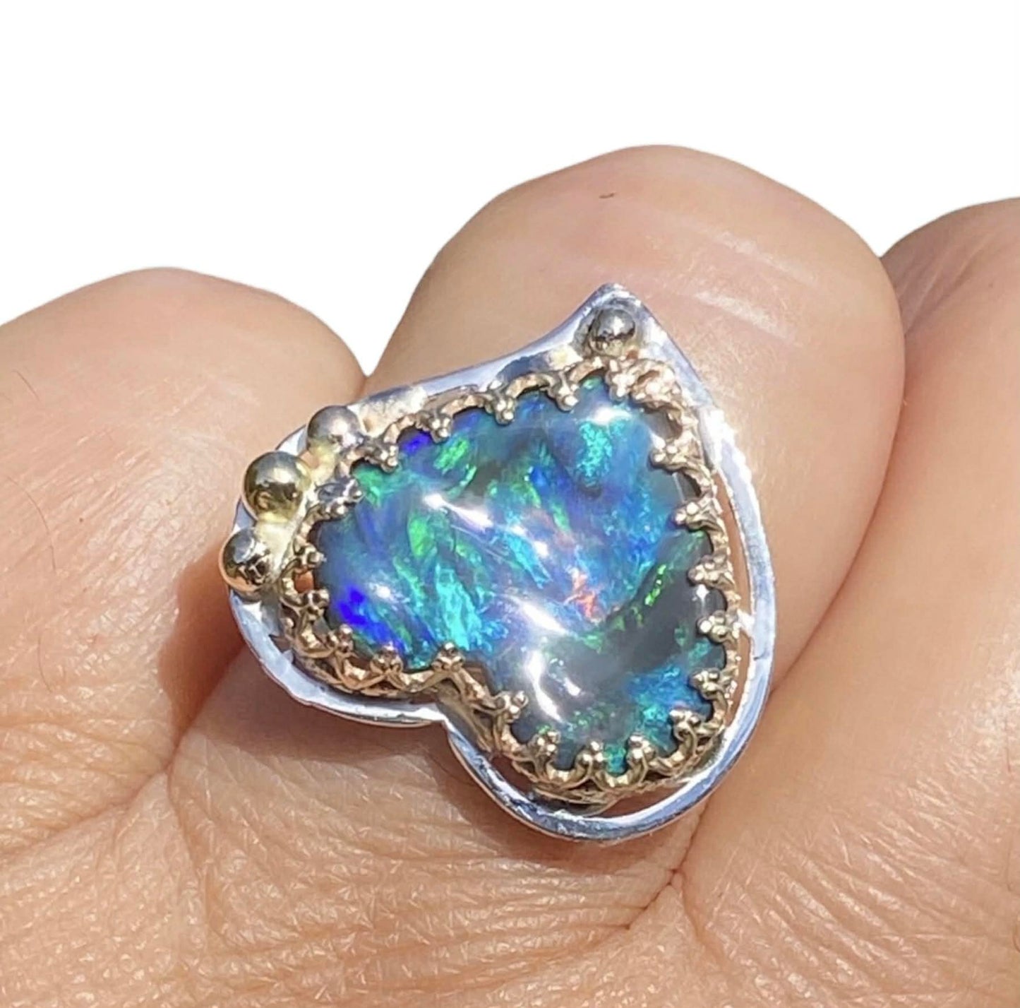Lightning Ridge Black Opal Heart Ring 3.55ct Solid Opal 9K Gold Handmade