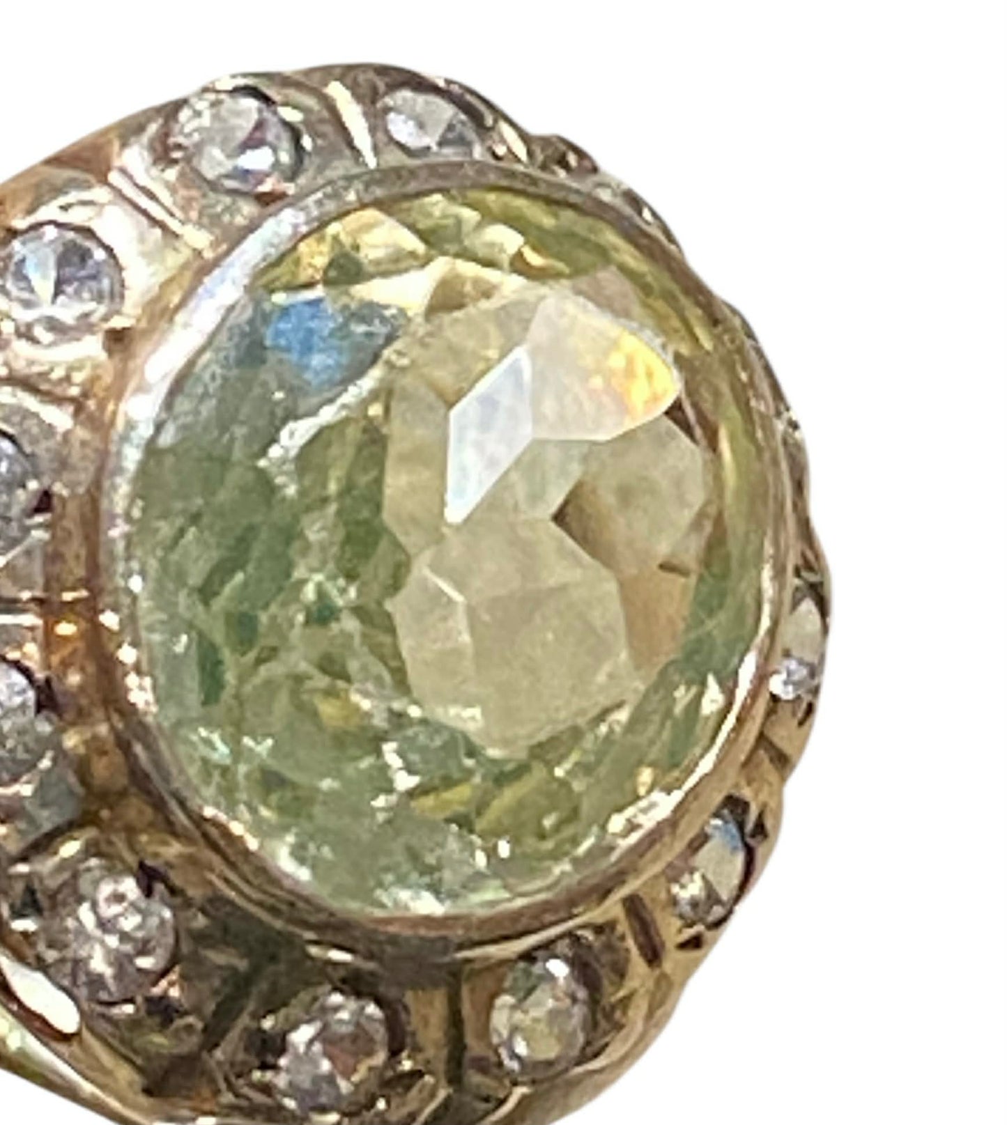 Antique 14K Yellow Gold Mint Green Quartz & Rose Cut Diamond Halo Ring German Estate, Size 6 (AU M)