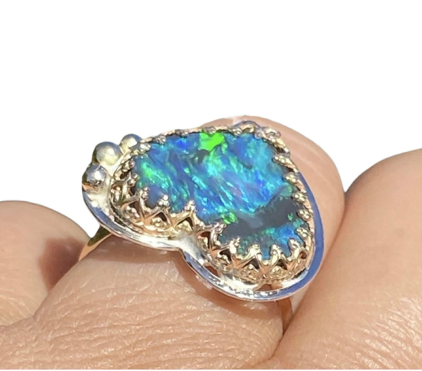 Lightning Ridge Black Opal Heart Ring 3.55ct Solid Opal 9K Gold Handmade