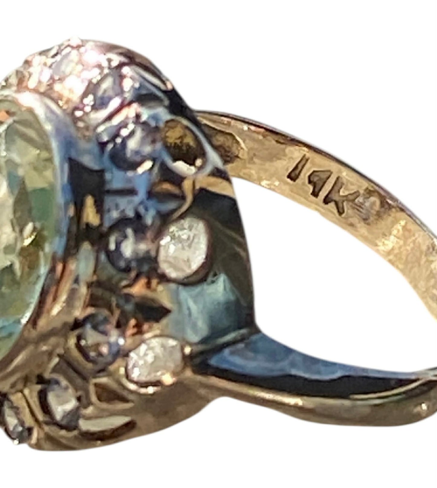 Antique 14K Yellow Gold Mint Green Quartz & Rose Cut Diamond Halo Ring German Estate, Size 6 (AU M)