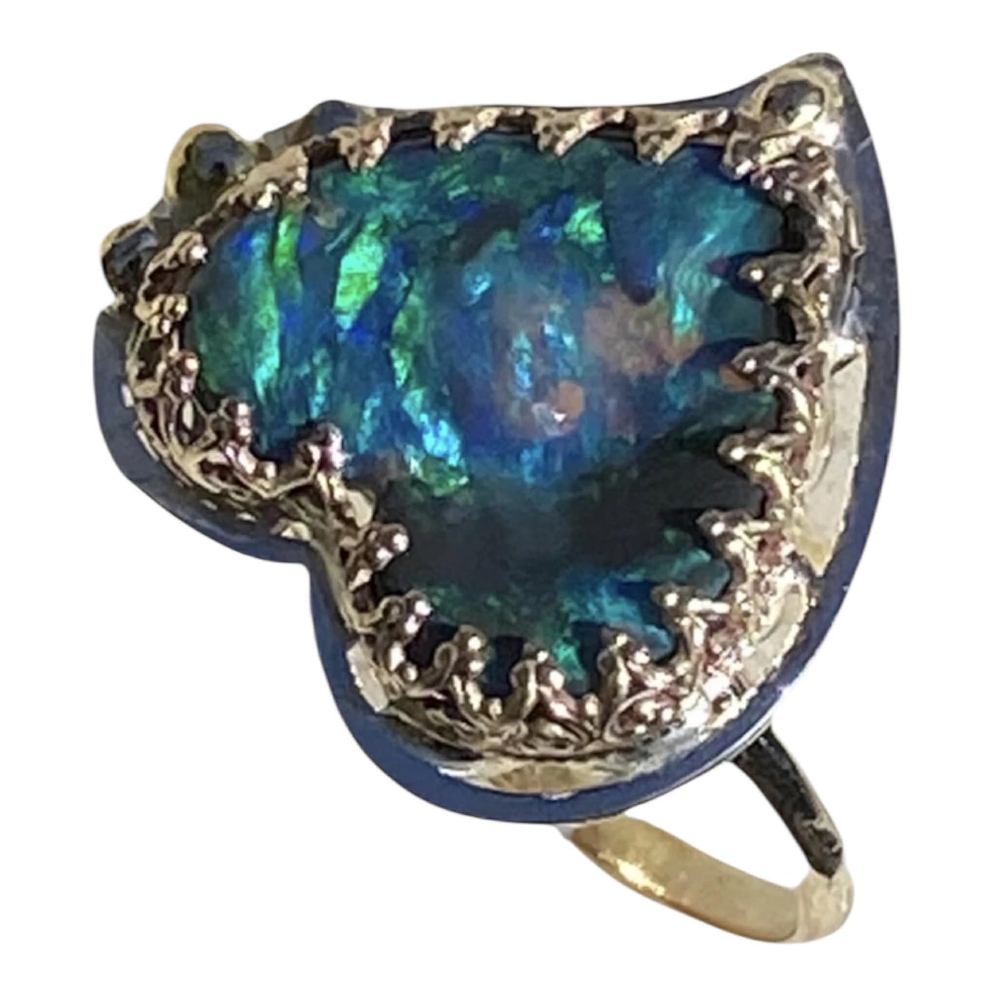 Lightning Ridge Black Opal Heart Ring 3.55ct Solid Opal 9K Gold Handmade