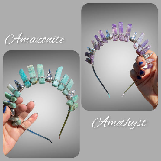 Raw Crystal Princess Crown Tiara with Raven Skull
