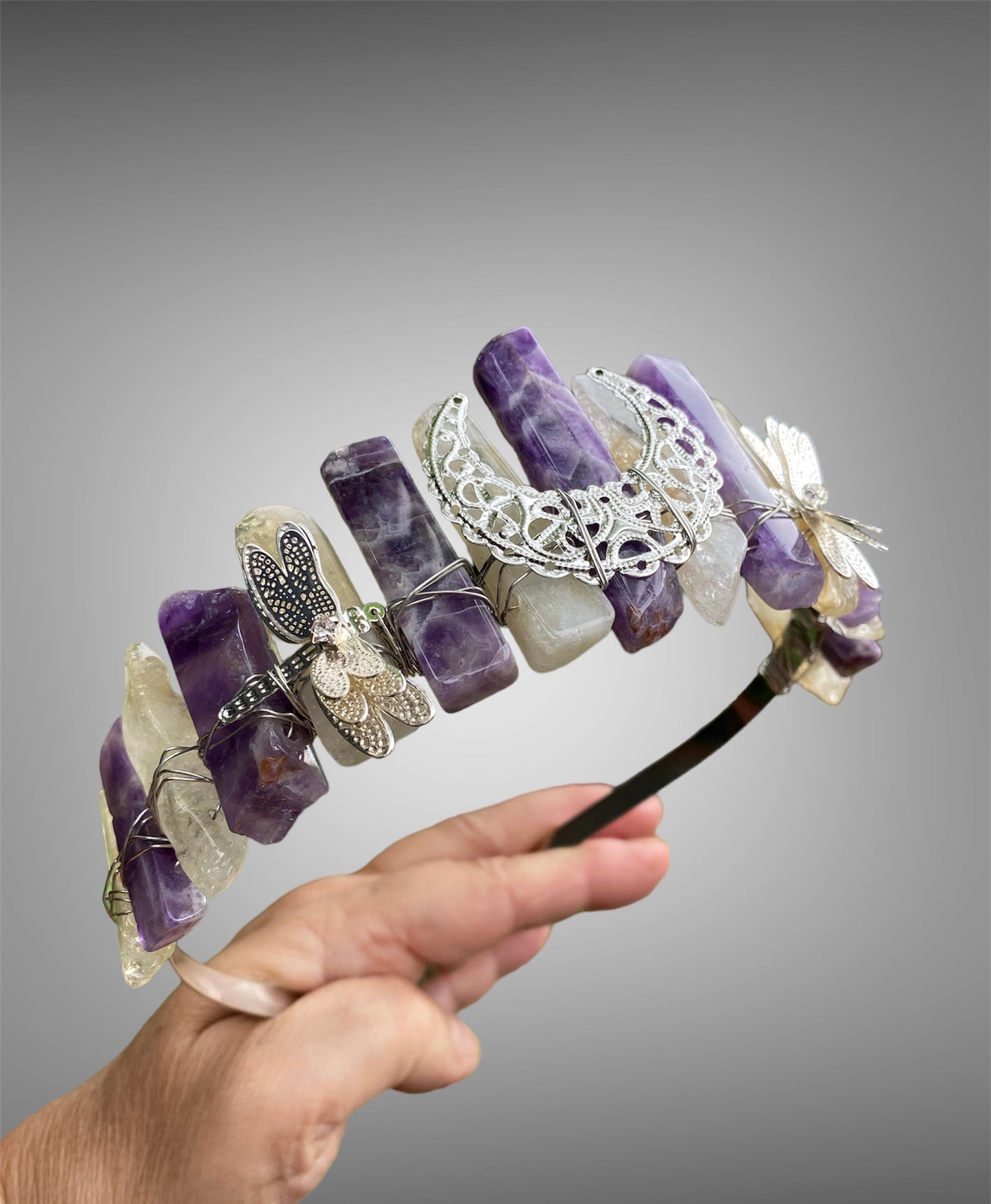 Raw Crystal Princess Crown Tiara with Raven Skull
