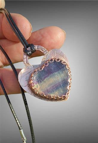 Handmade Copper & Rainbow Fluorite Heart Pendant
