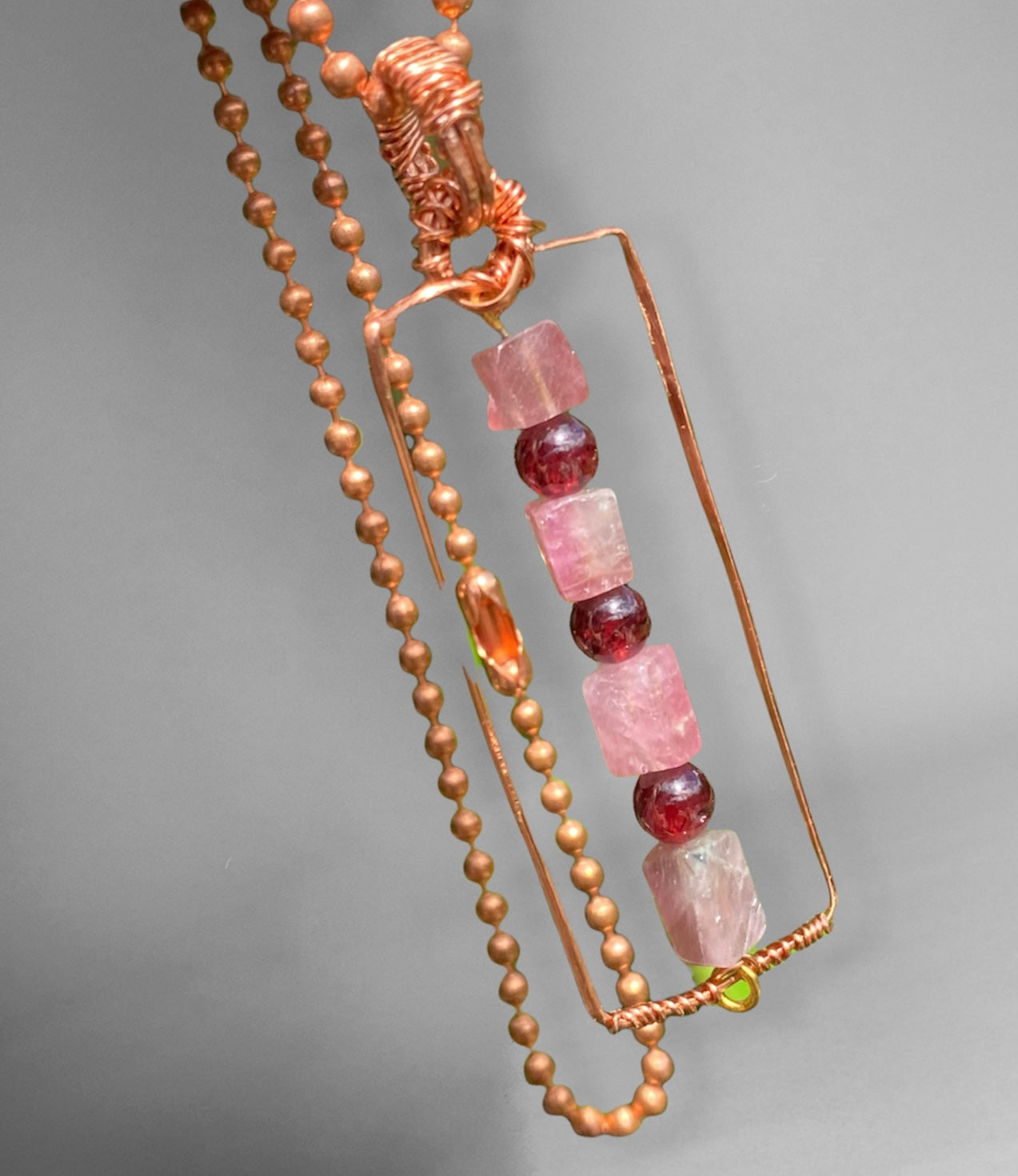 Pink tourmaline and 6mm Garnet Bead Copper Pendant