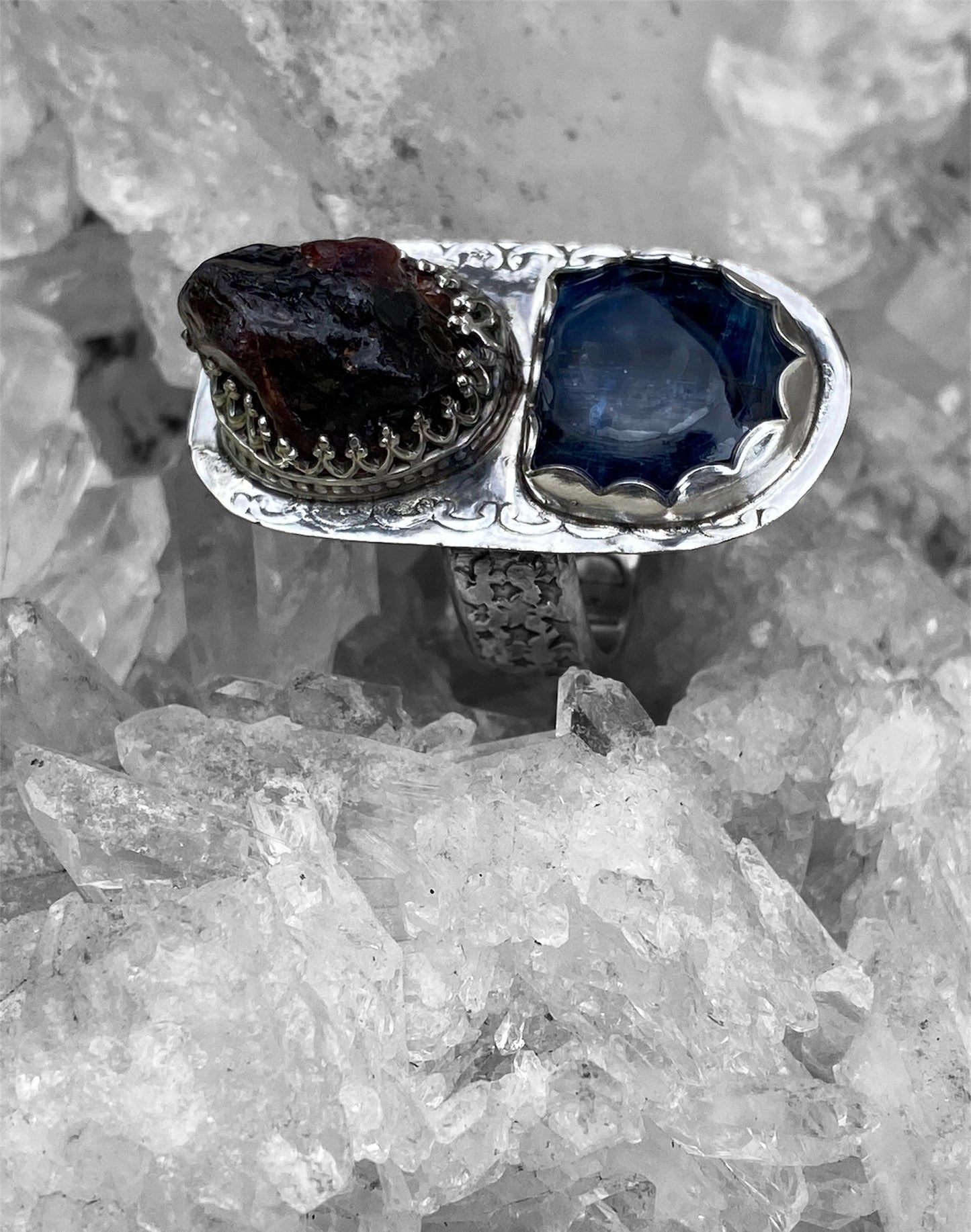 Handmade Blue Kyanite and Rough Garnet Ring