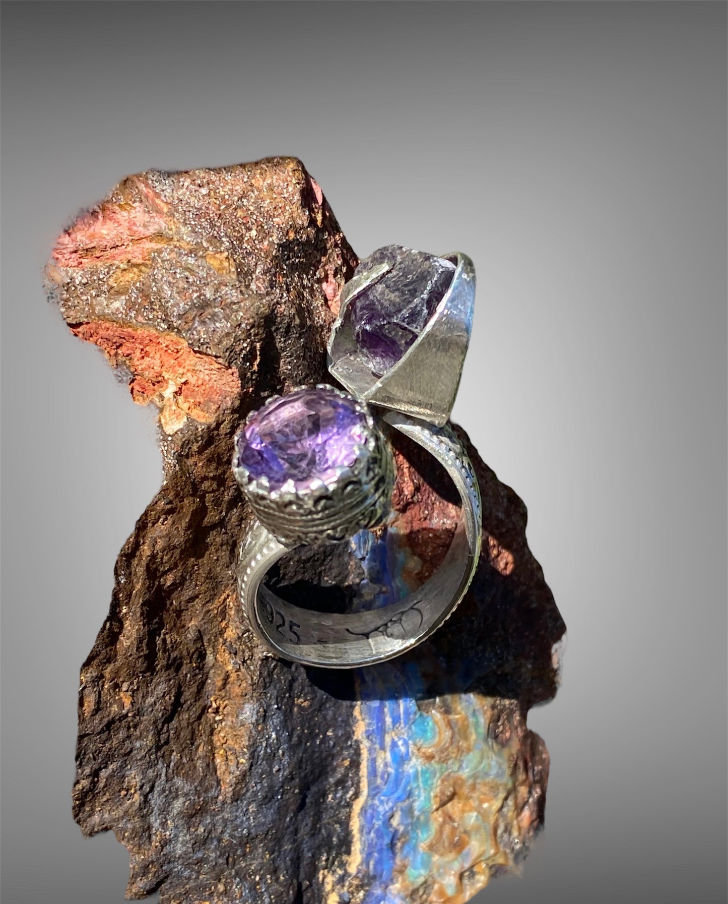 Handmade Amethyst Twist Ring with Raw and Faceted Gemstones