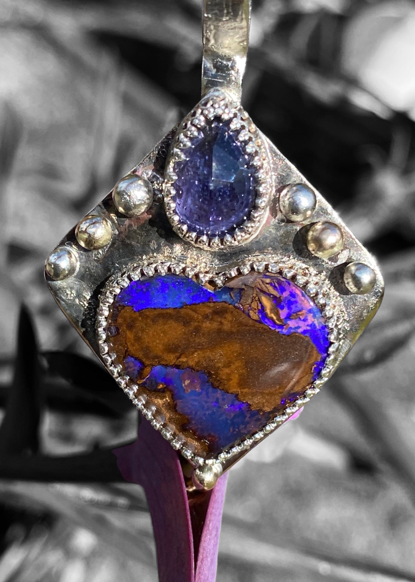 Handmade Winton Opal Heart and Iolite Pendant with 9k Gold Accents