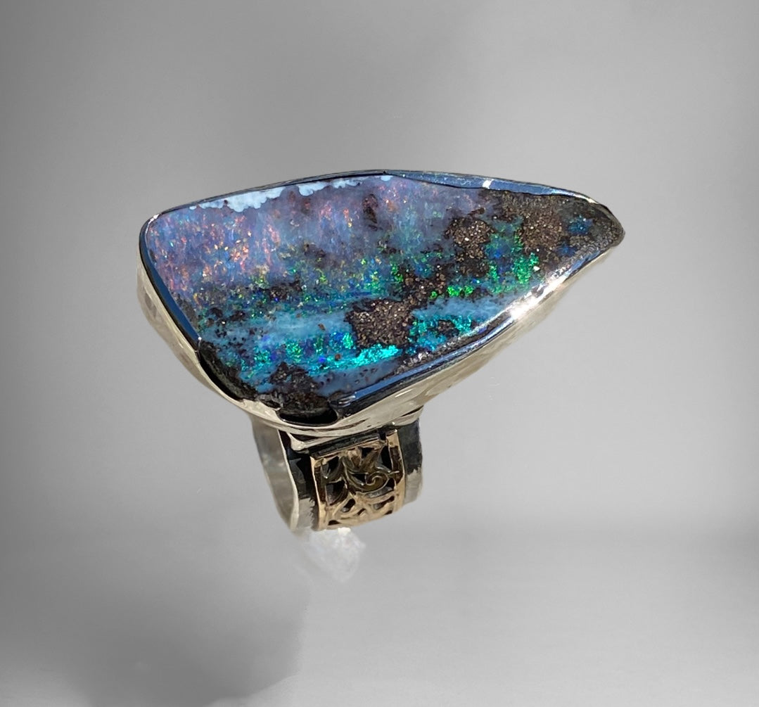Qld Boulder Opal Ring set with 14k Gold filled filigree & Sterling Silver sold