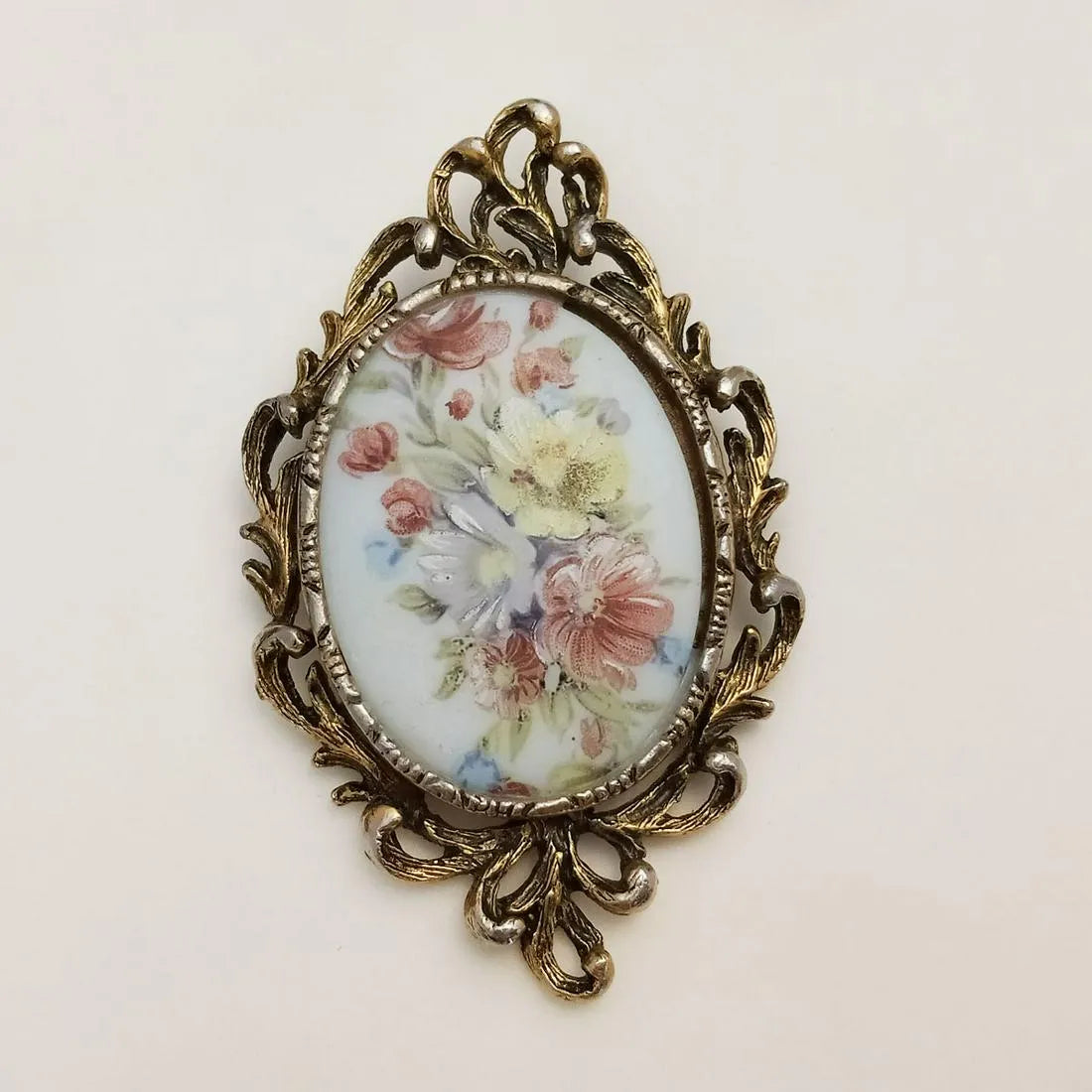 Vintage Painted Flowers Brooch Pendant
