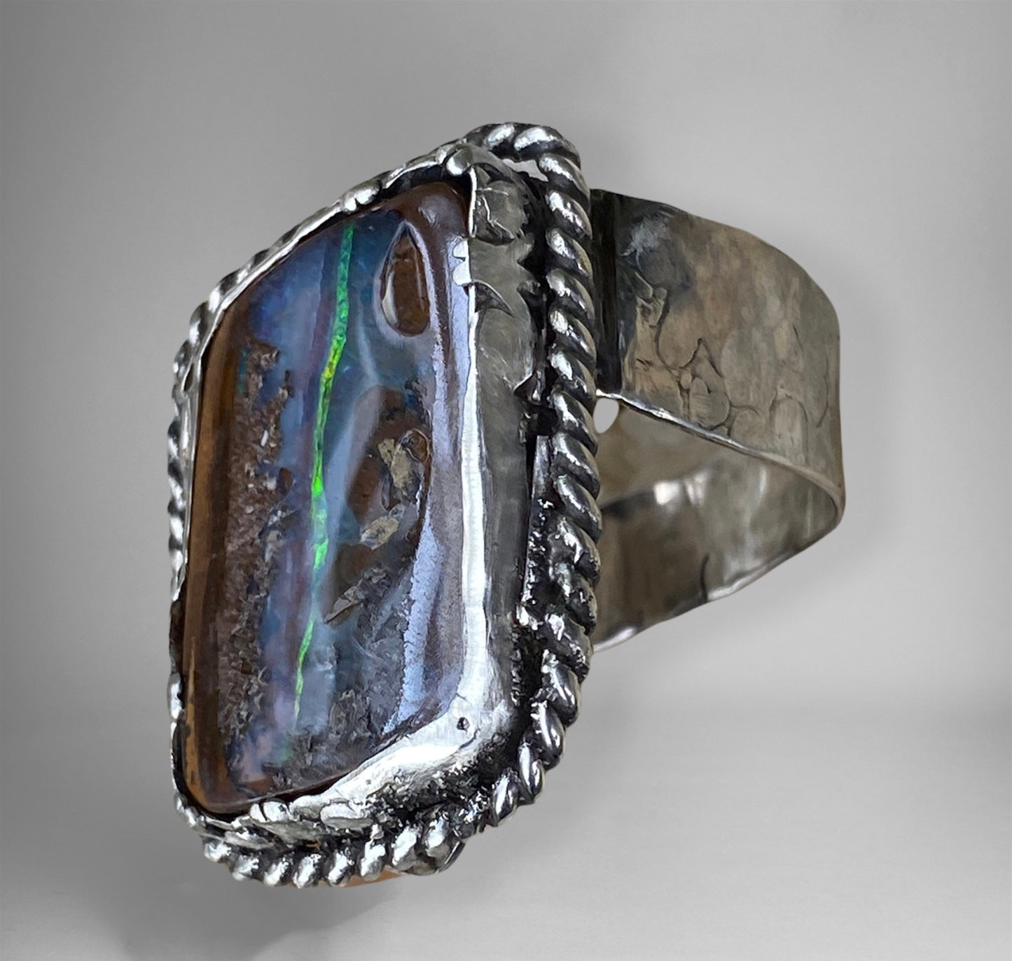 Handmade Queensland Boulder Opal Ring – Sterling Silver Adjustable Statement Ring (Size 10–11)