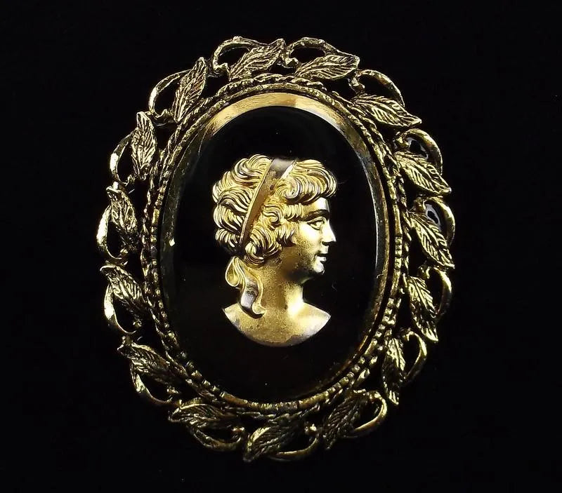 Vintage 20th Century French Jet Black Glass Cameo Brooch
