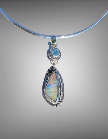 Opal, Blue Topaz and Emerald Pendant