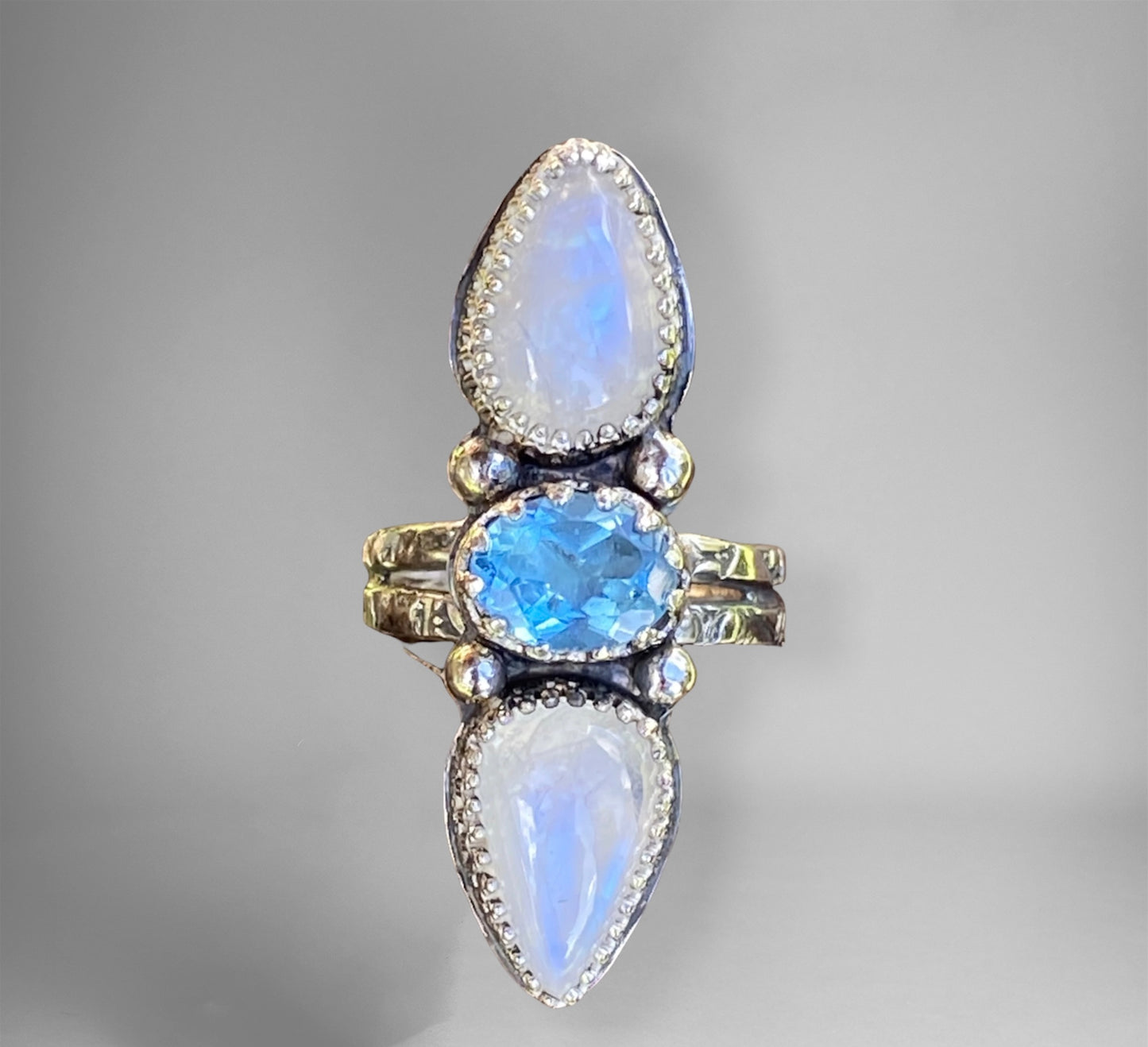 Match made in Heaven Blue Topaz & Rainbow Moonstone Ring sold