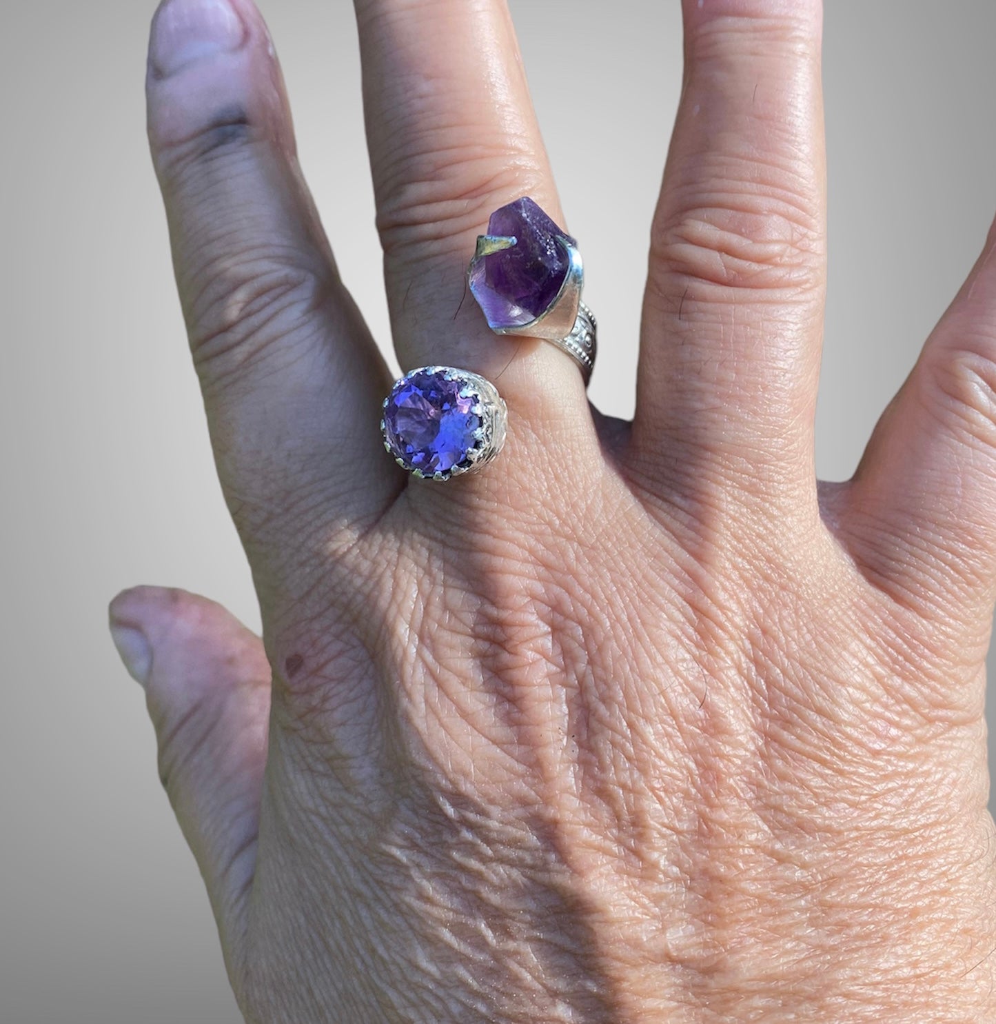 Handmade Amethyst Twist Ring with Raw and Faceted Gemstones