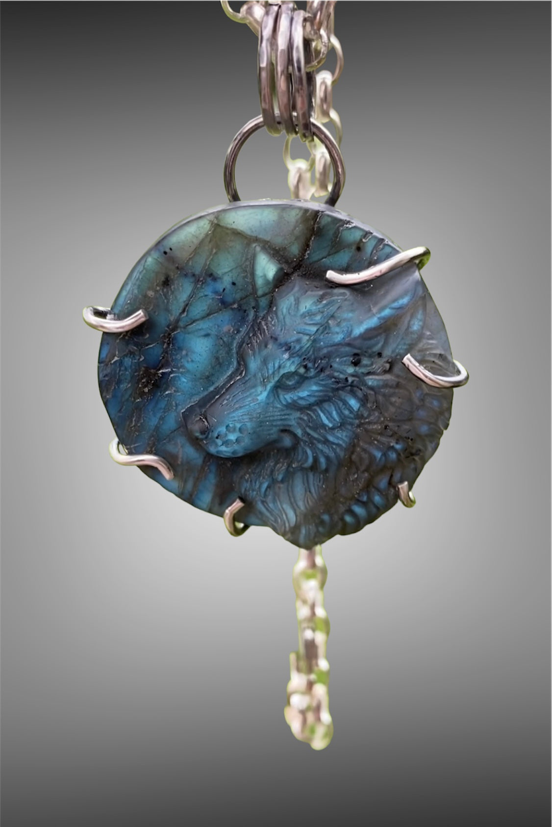 Hand carved Wolf Labradorite Pendant