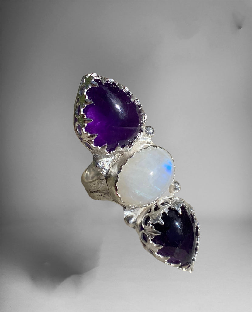 Handmade Amethyst and Moonstone Triple Stone Statement Ring – TFD