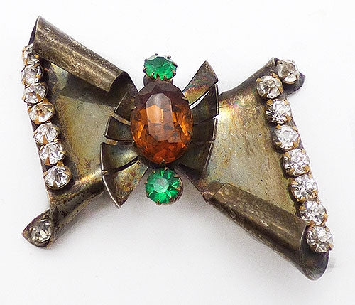 Retro Sterling Vermeil Rhinestone Bow Brooch c1945