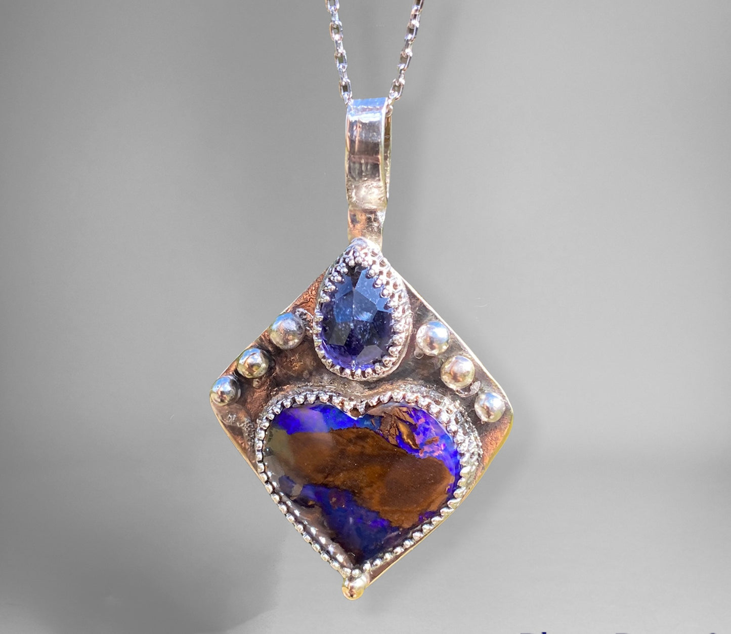 Handmade Winton Opal Heart and Iolite Pendant with 9k Gold Accents