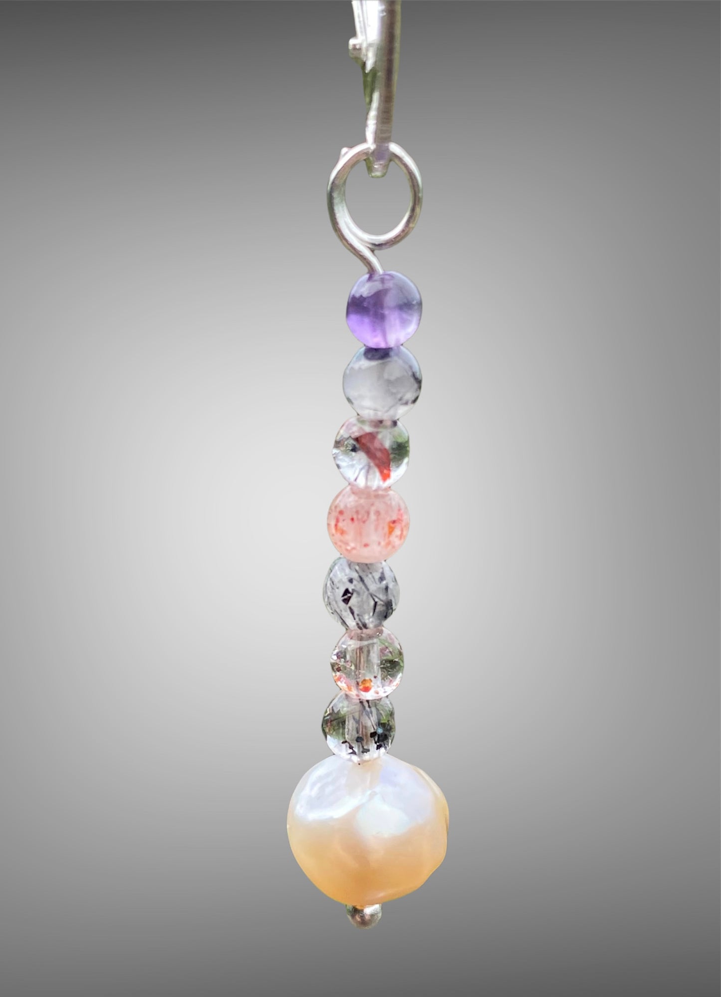 Natural Super Seven Crystal Beads and Peachy Pearl Earrings