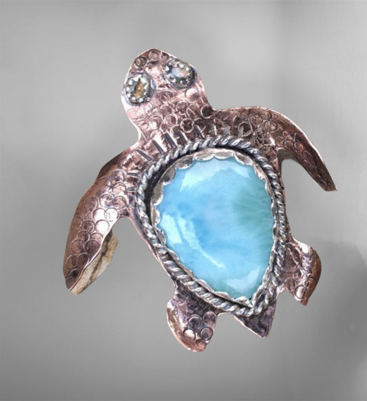 Handmade Turtle Larimar Spirit Animal Pendant Copper & Silver