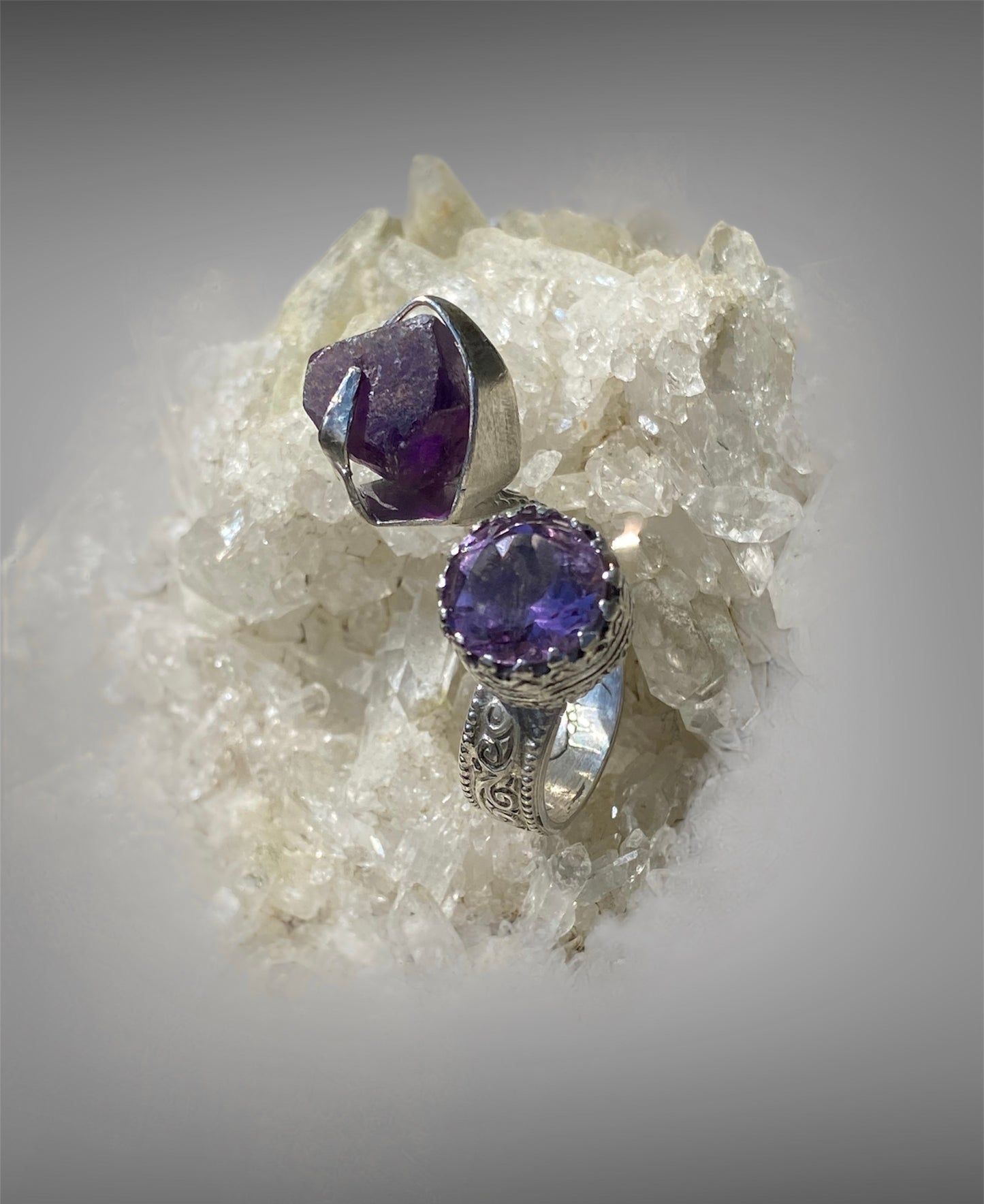 Handmade Amethyst Twist Ring with Raw and Faceted Gemstones