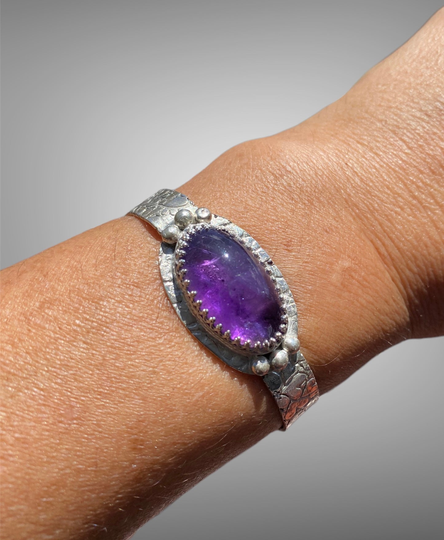 Handmade Amethyst with Heart Textured Sterling Silver Cuff