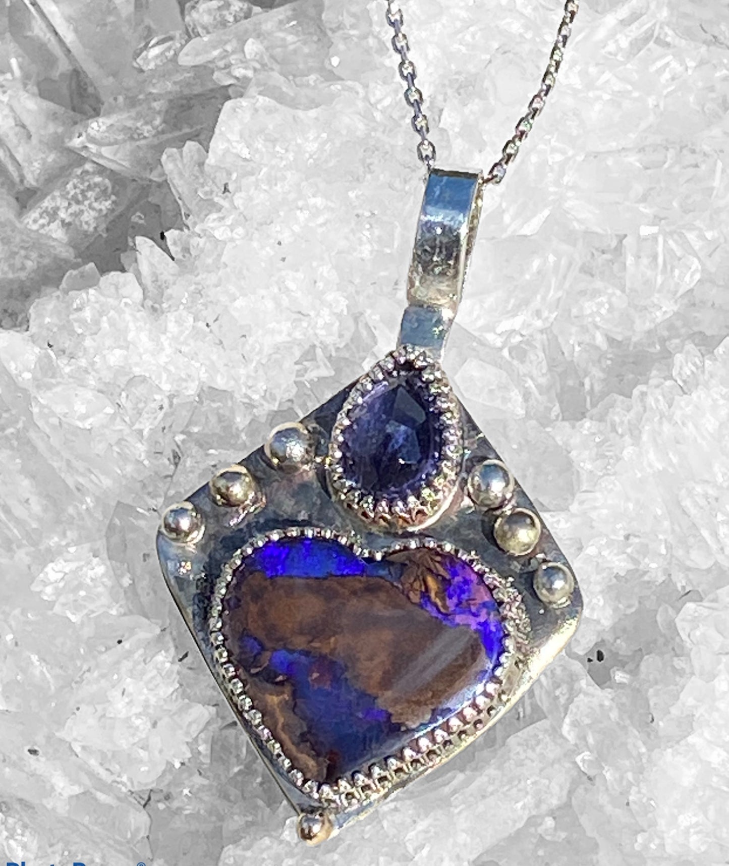 Handmade Winton Opal Heart and Iolite Pendant with 9k Gold Accents