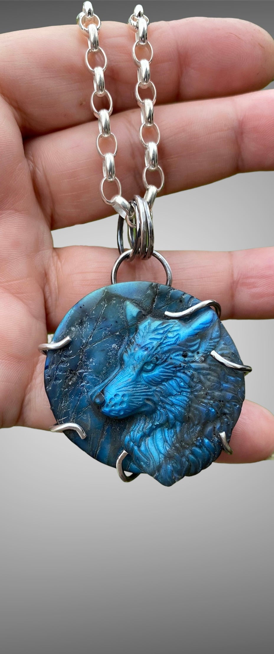 Hand carved Wolf Labradorite Pendant