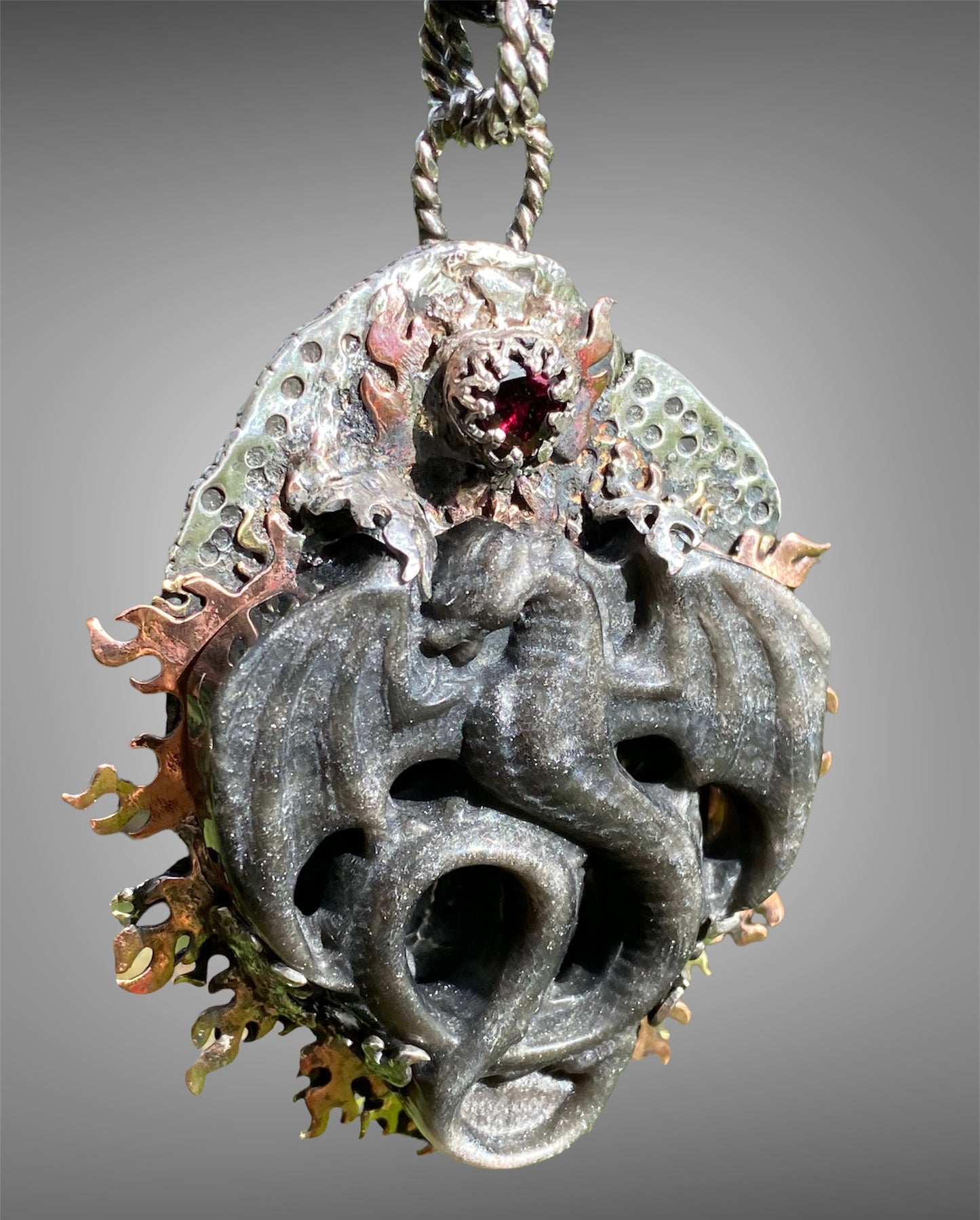 Handmade Golden Sheen Obsidian Dragon Carving Pendant with Heart Garnet