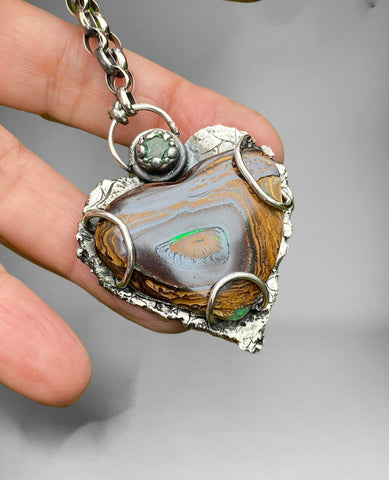 Hand Carved Heart Yowah Nut Opal & Green Kyanite Necklace SOLD
