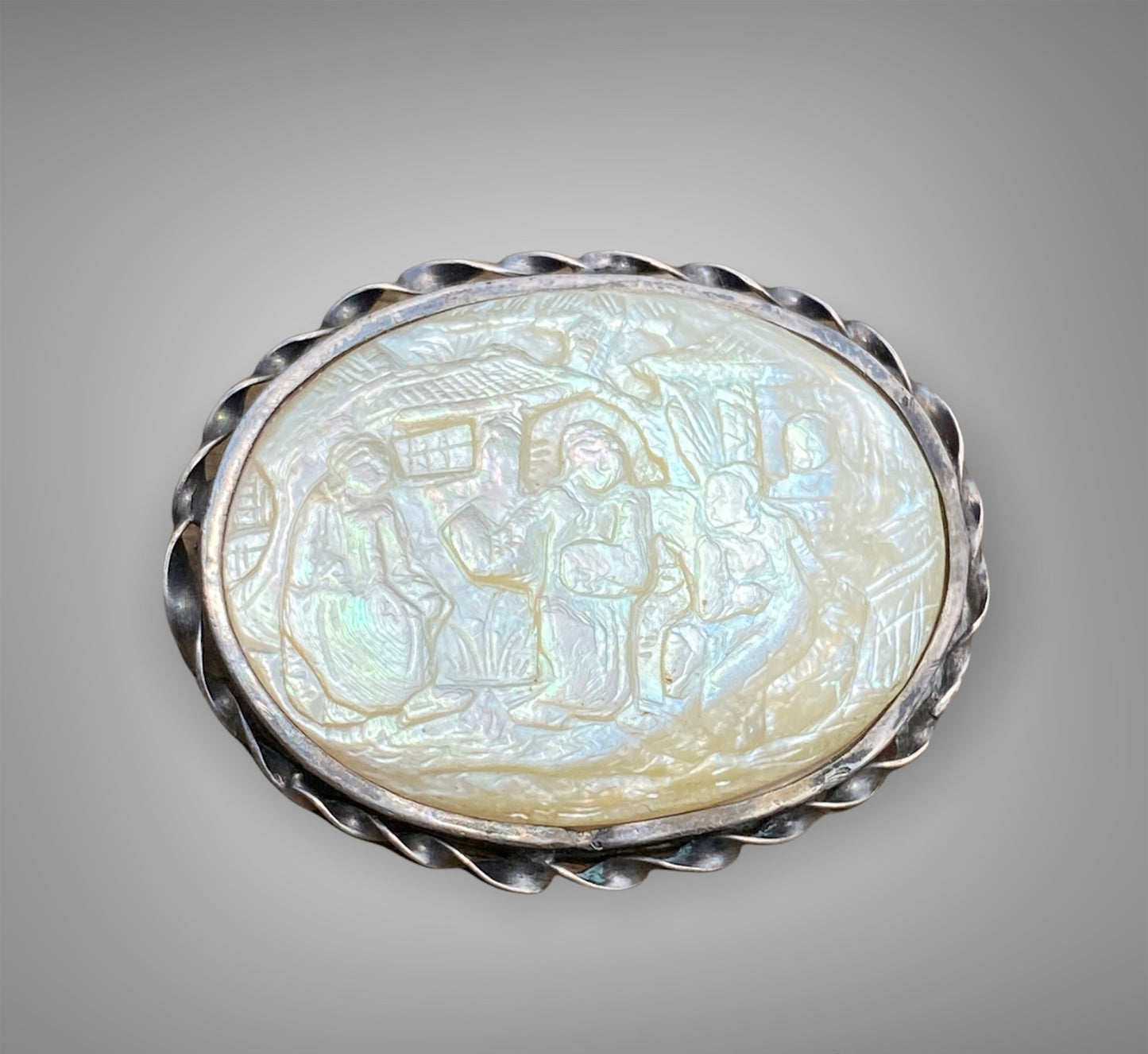 Vintage Victorian Era Silver & Carved Mother of Pearl Brooch Chinese Scene c1800